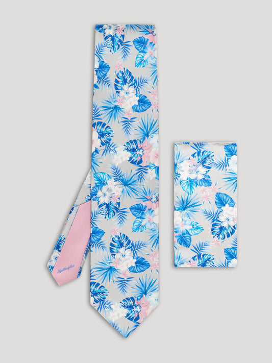 Silver, blue, and pink Hawaiian print floral tie with matching handkerchief. 