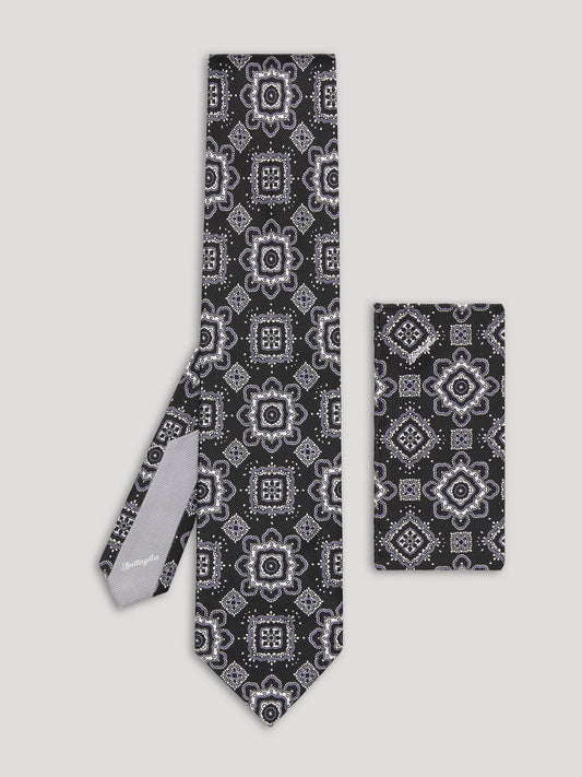 Black, grey, and silver paisley tie with matching handkerchief. 