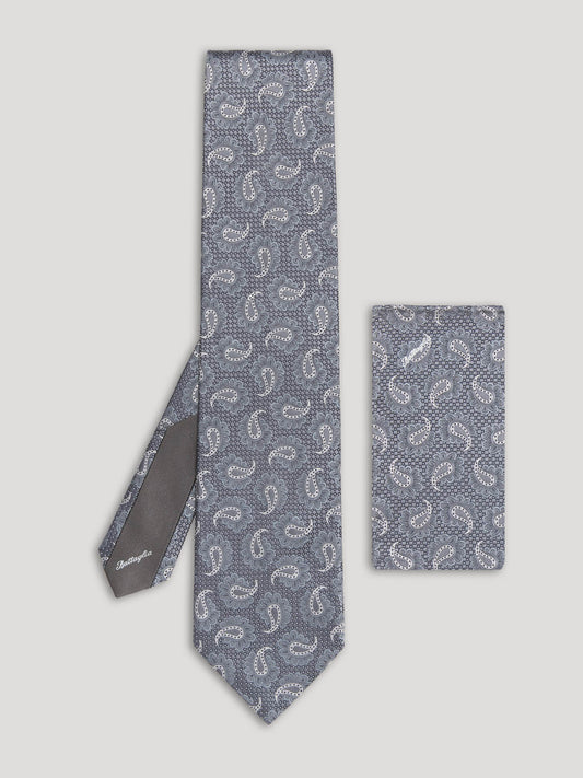 Grey paisley tie with matching handkerchief. 