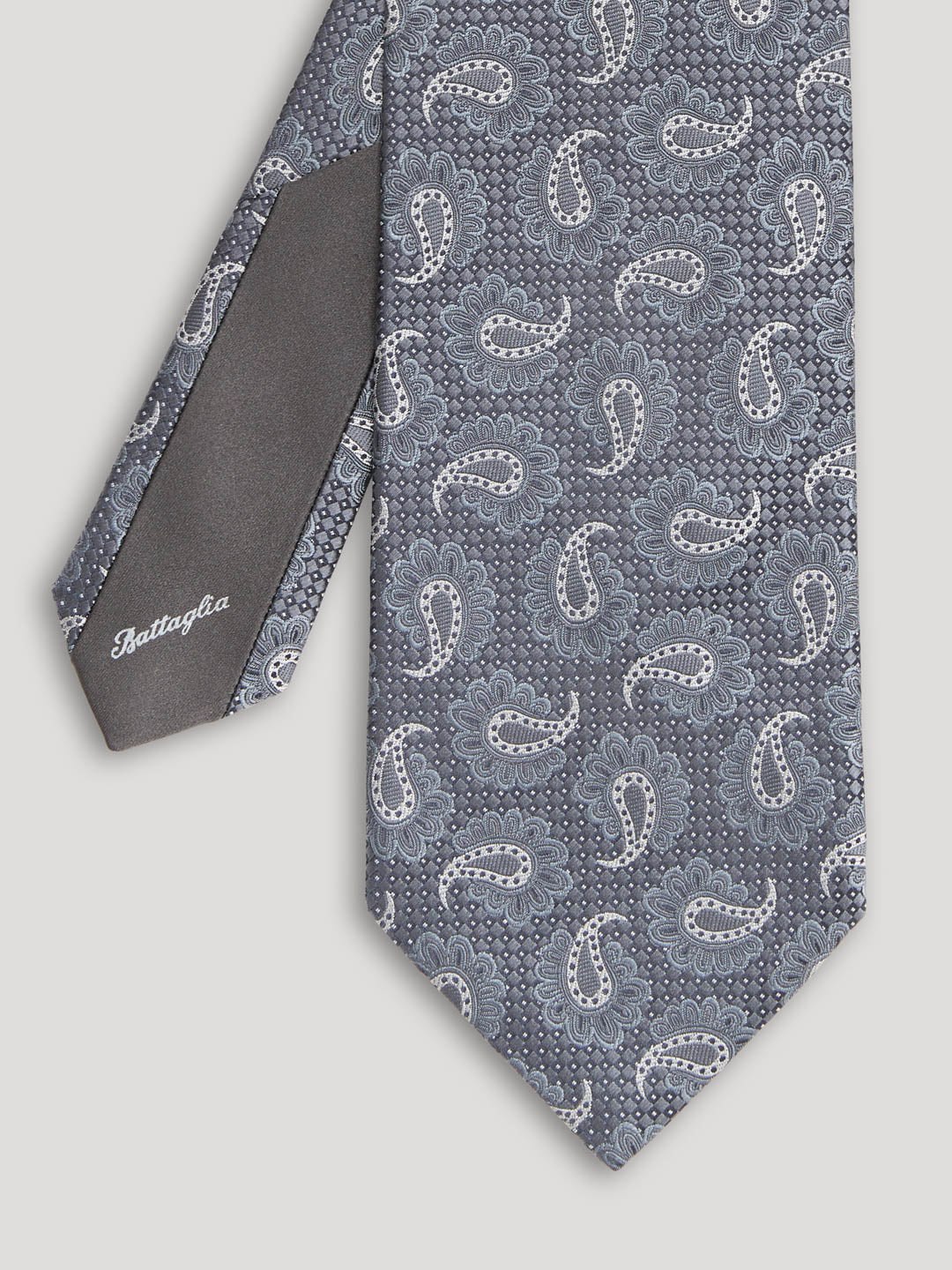 Grey paisley tie. 