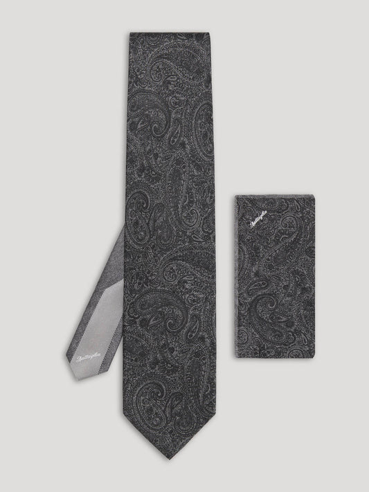 Black paisley tie with matching handkerchief. 