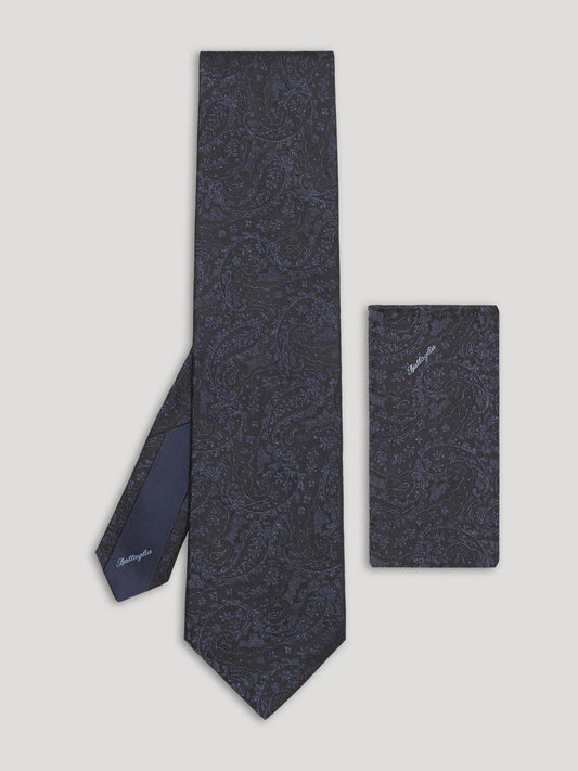Blue and black paisley silk tie with matching handkerchief. 