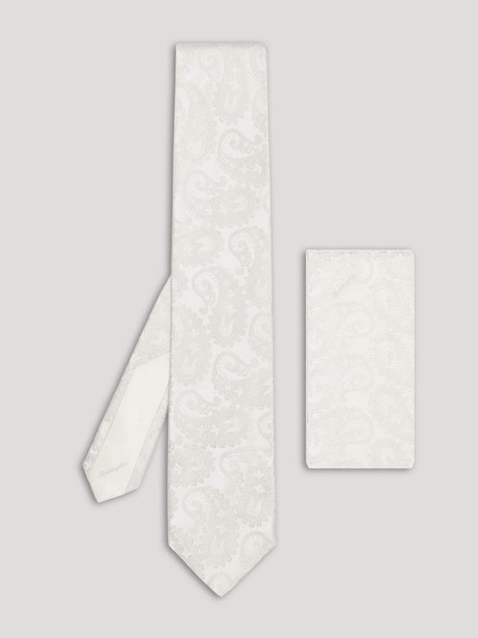 White paisley silk tie with matching handkerchief. 