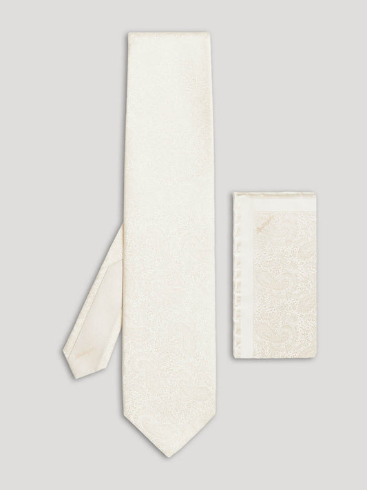 Cream white paisley silk tie with matching handkerchief. 
