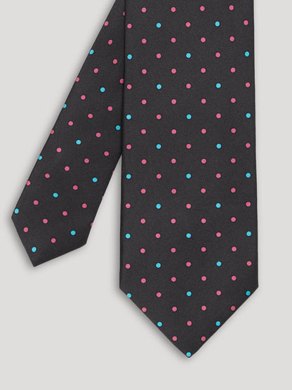 Black tie with pink and blue polkadots. 