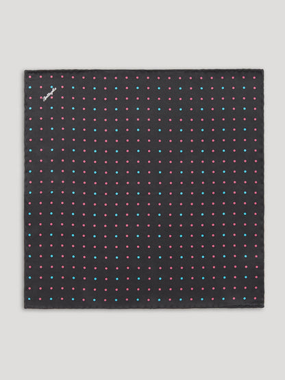 Black handkerchief with pink and blue polkadots. 